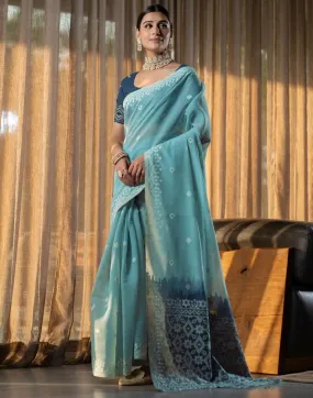 Light Blue Cotton Woven Sarees