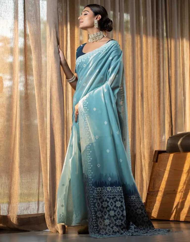 Light Blue Cotton Woven Sarees