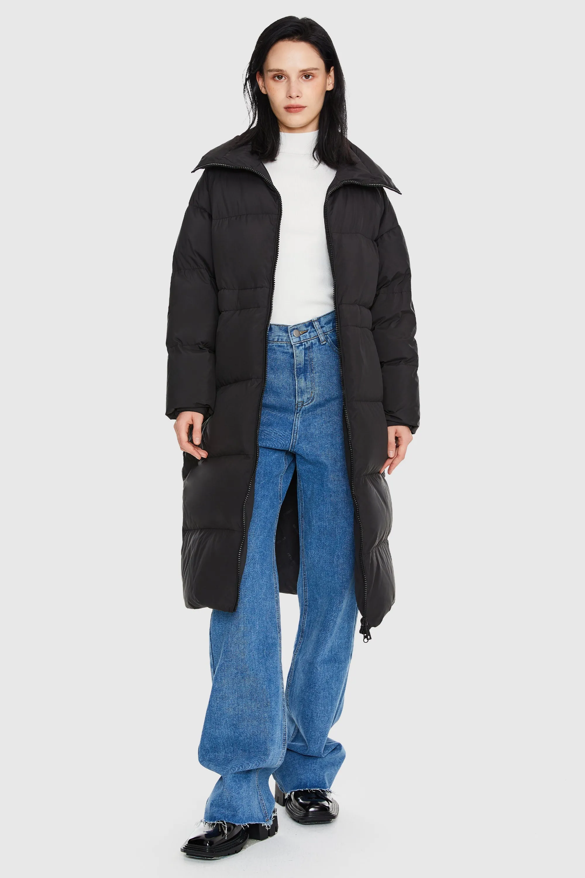 Long Puffer Jacket with Velcro Belt