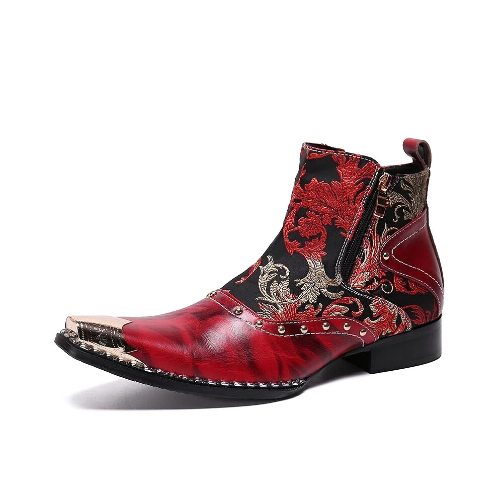 Luxury British Style Men Mid Calf Red Boots Steel Toe Genuine Leather Motorcycle Cowboy Boots Male Snake Skin Boots Dress Shoes