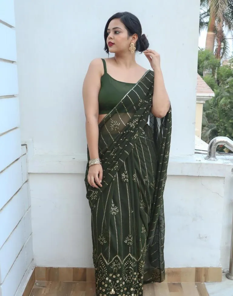 Mehandi Green Georgette Plain Sarees