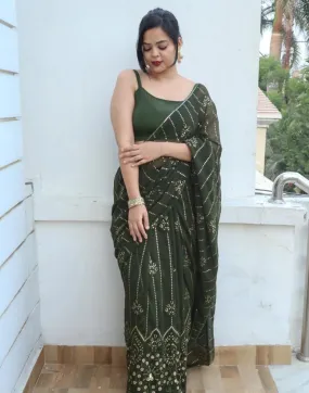 Mehandi Green Georgette Plain Sarees