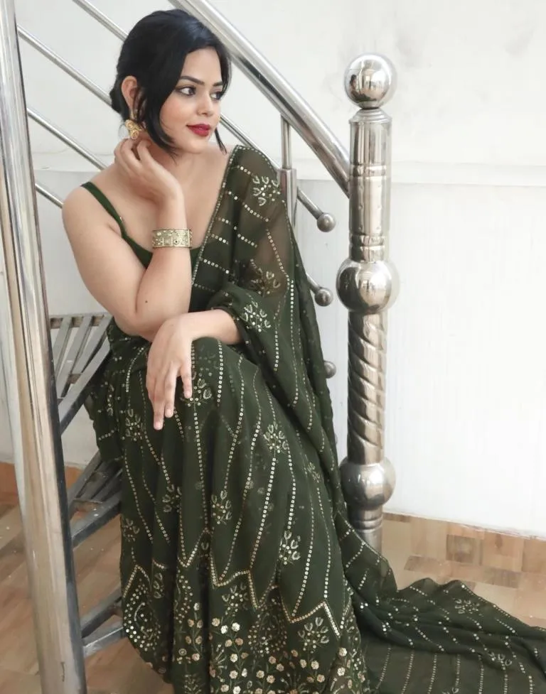 Mehandi Green Georgette Plain Sarees