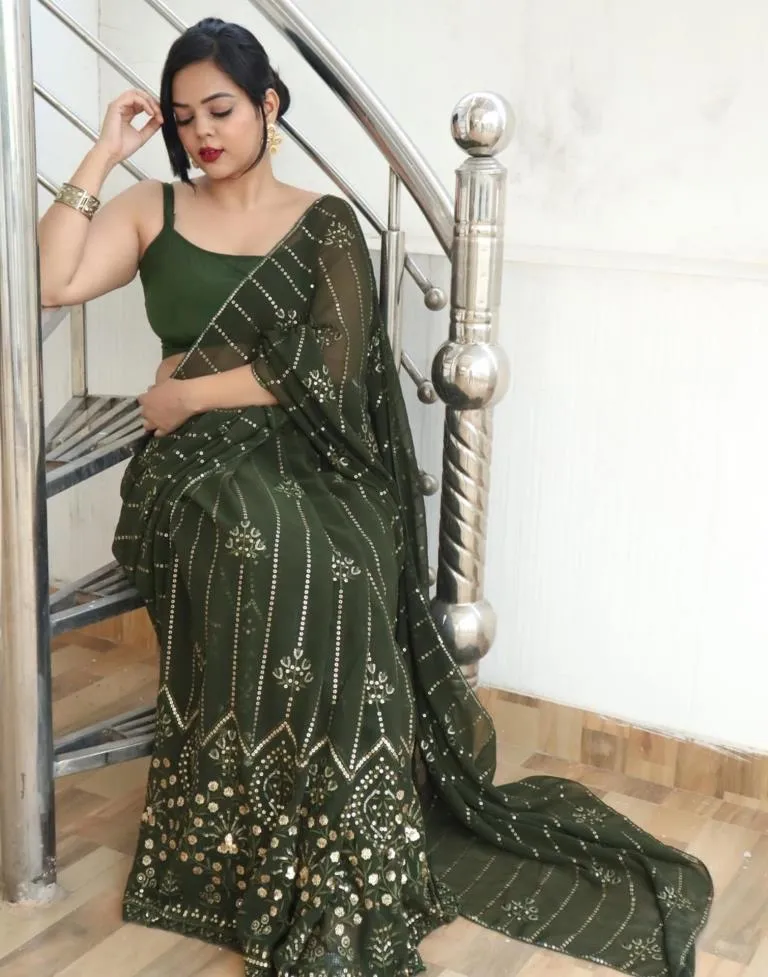 Mehandi Green Georgette Plain Sarees