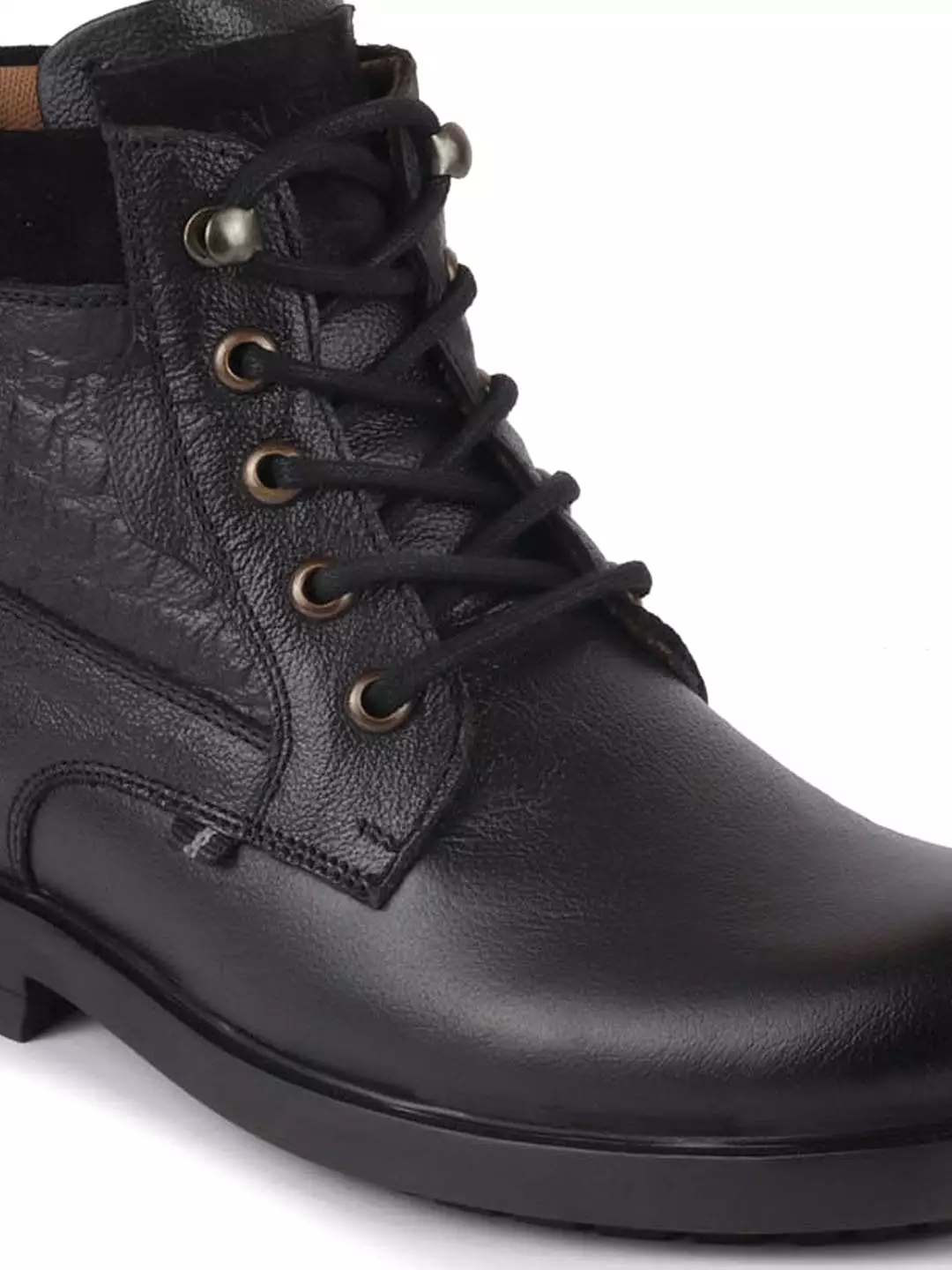 Men Black Leather Lace Up Mid Top Boots