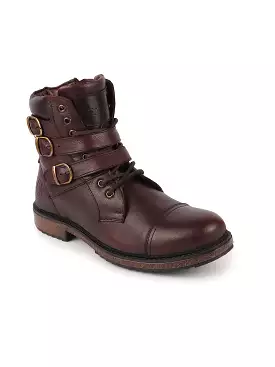 Men Brown High Ankle Genuine Leather 8-Eye Lace Up Buckle Closure Side Zipper Combat Boots