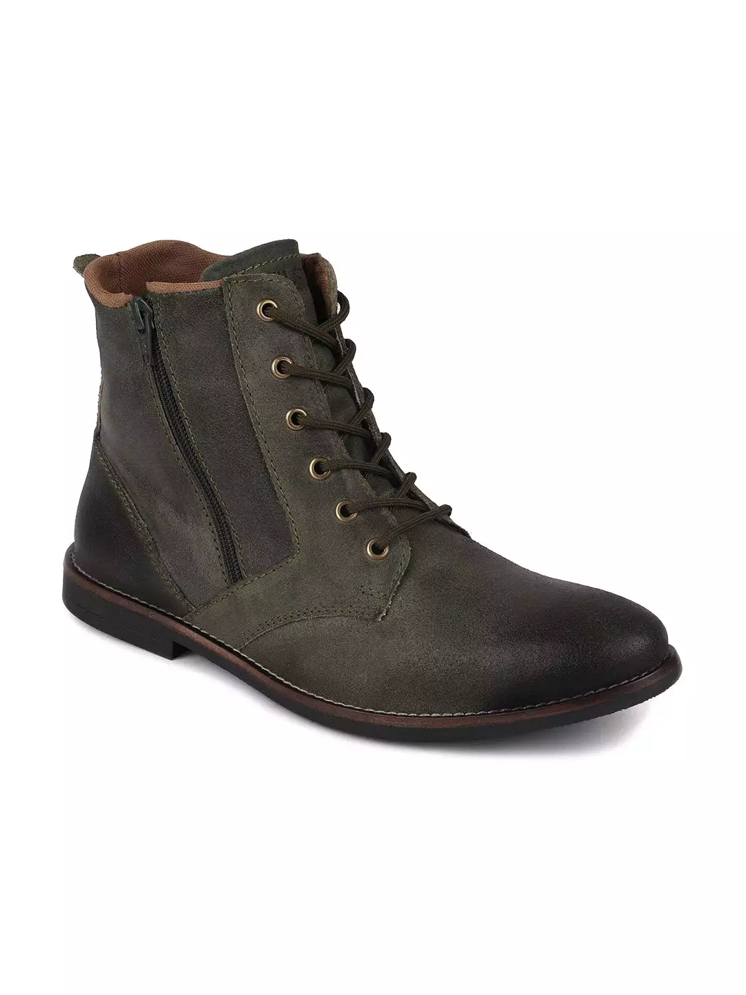 Men Olive High Ankle Lace Up Leather Zipper Boots