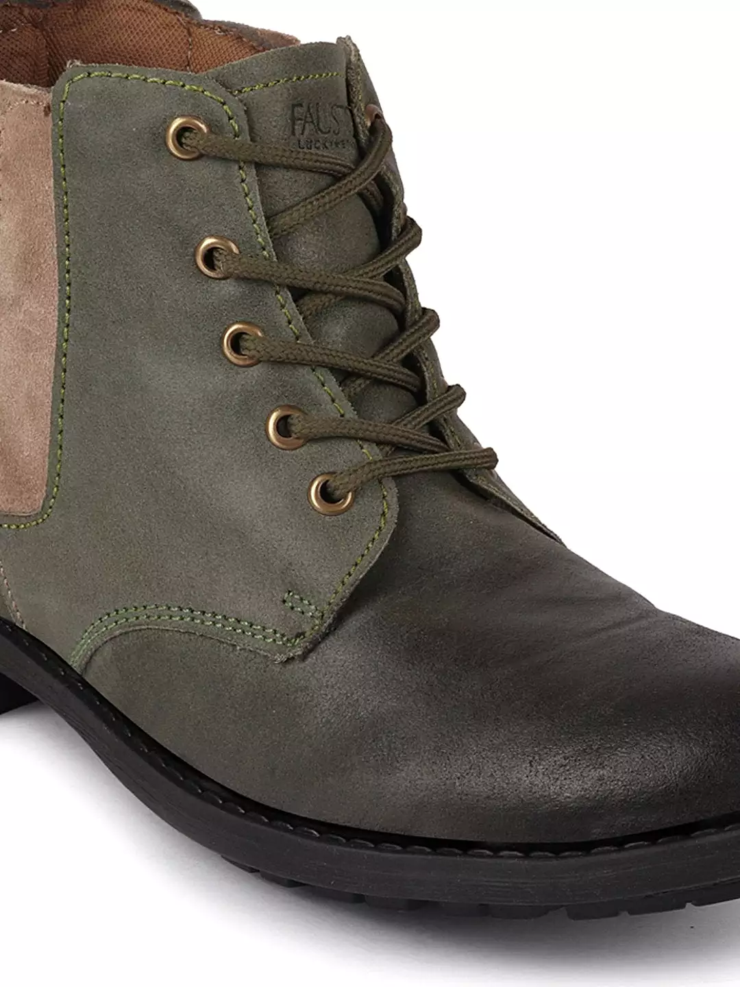 Men Olive Outdoor Leather Lace Up Chelsea Boots