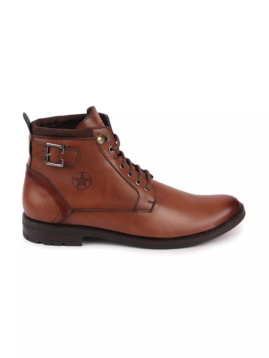 Men Tan High Ankle Buckle Boots