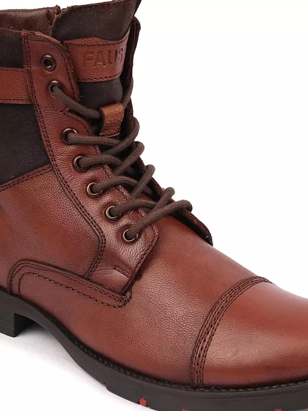 Men Tan High Ankle Genuine Leather 7-Eye Cap Toe Lace Up Closure Side Zipper Combat Boots