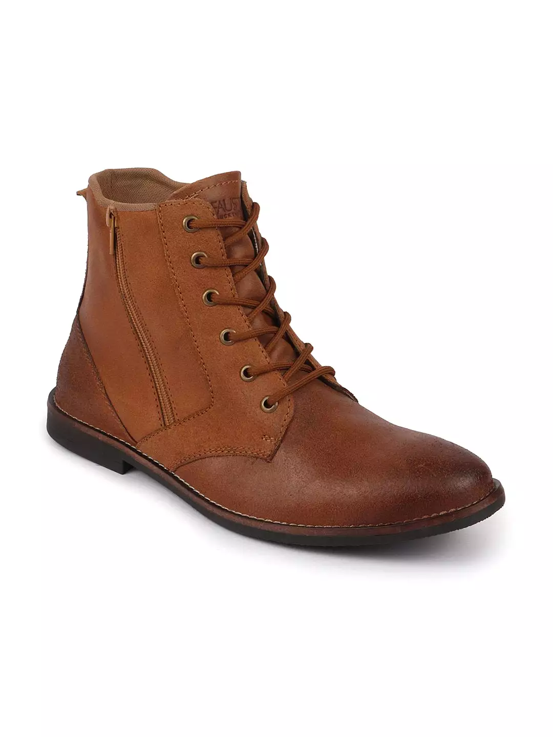 Men Tan High Ankle Lace Up Leather Zipper Boots