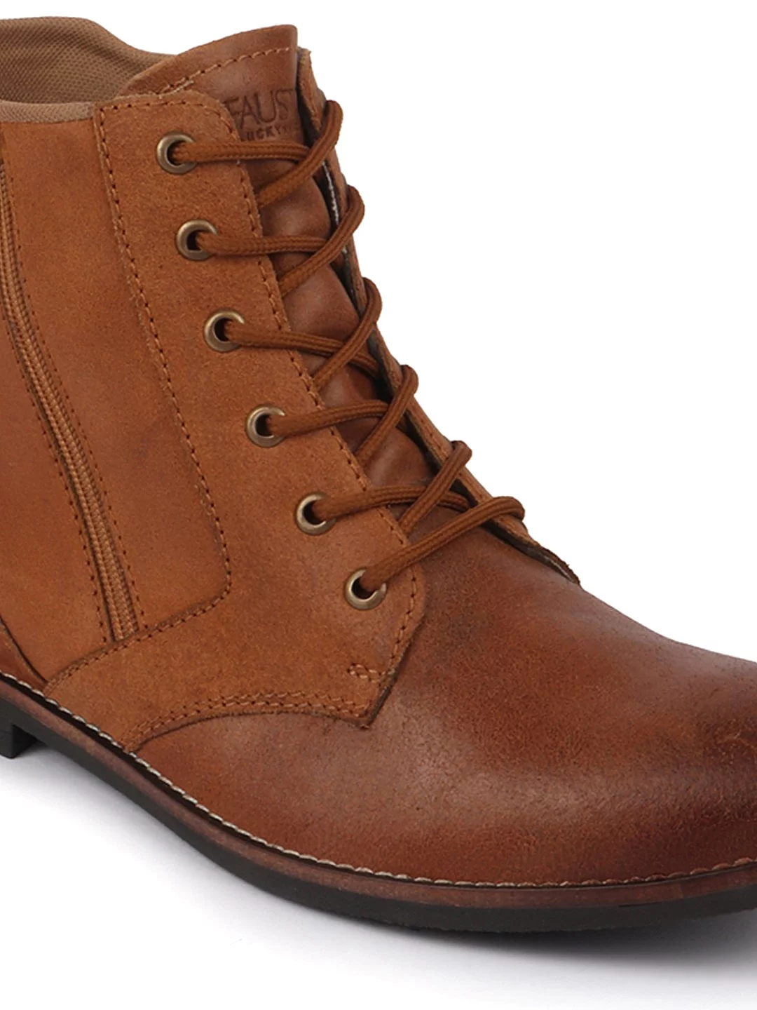 Men Tan High Ankle Lace Up Leather Zipper Boots