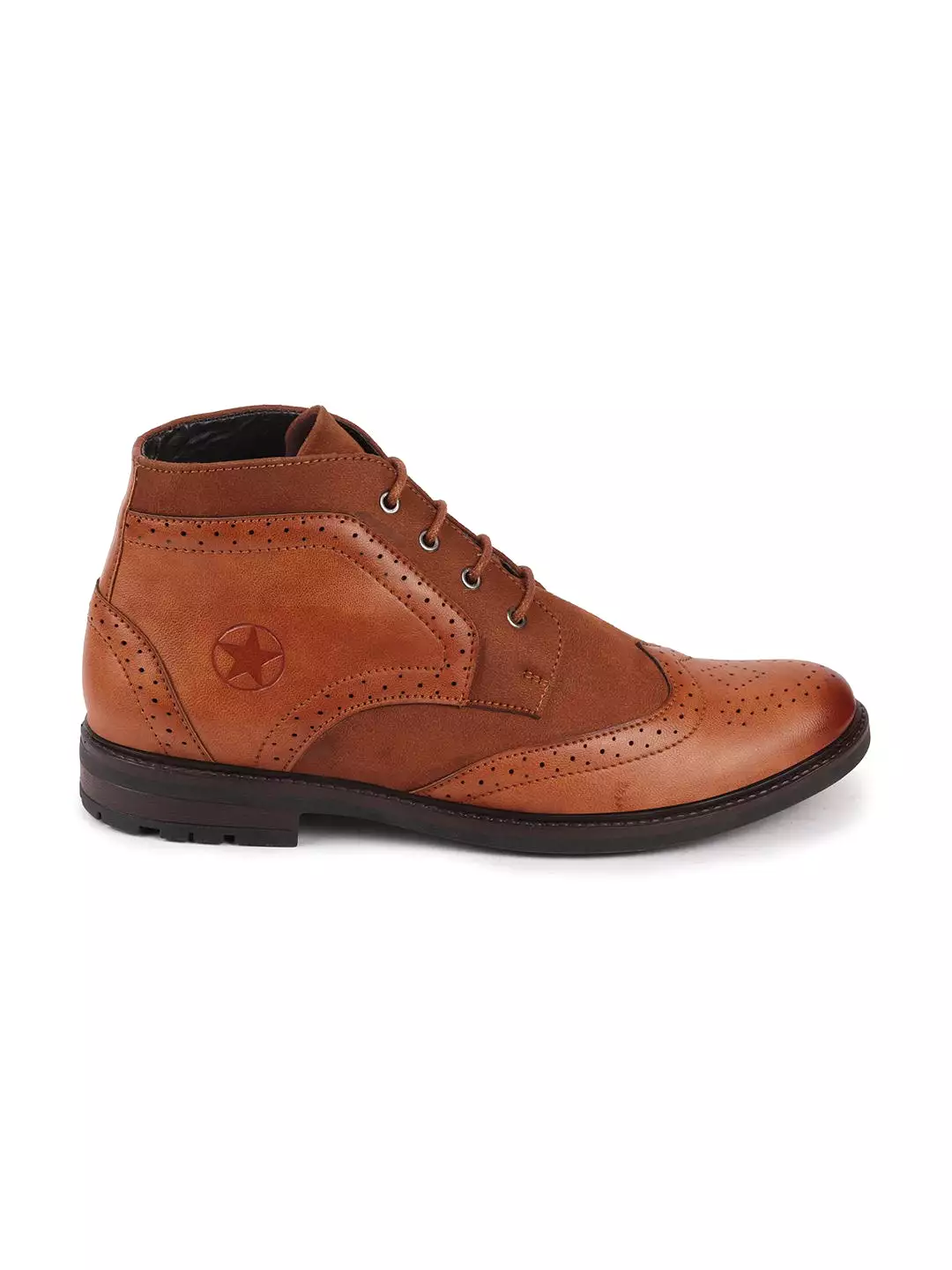 Men Tan Wingtip Lace Up Boots