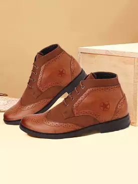 Men Tan Wingtip Lace Up Boots