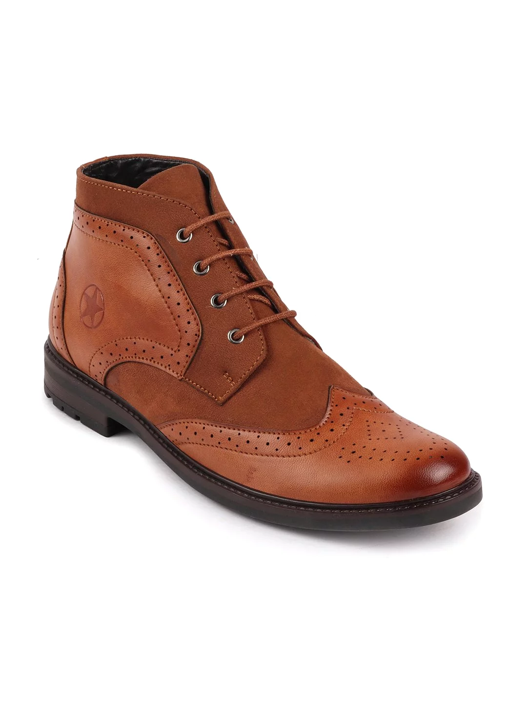 Men Tan Wingtip Lace Up Boots