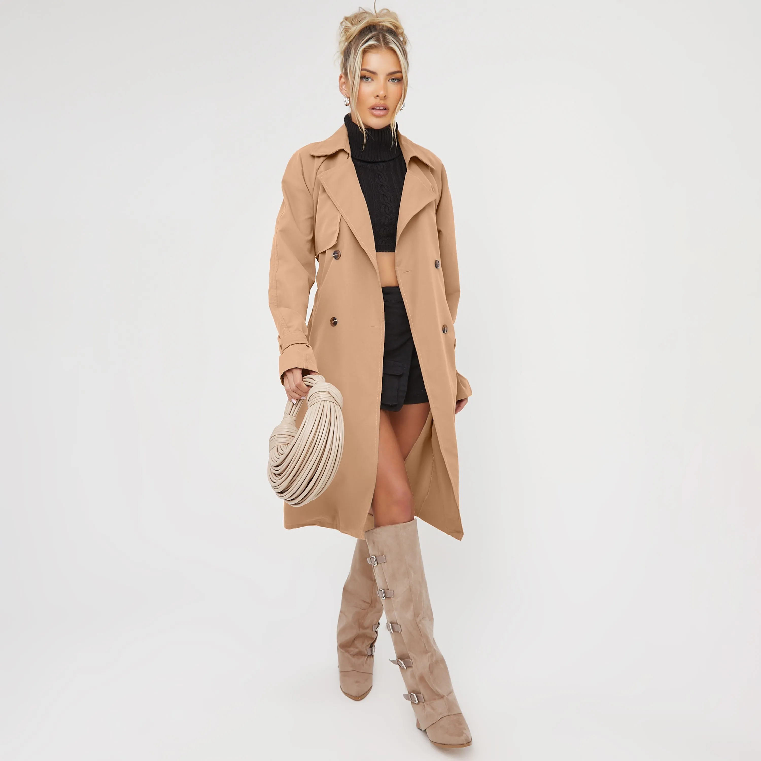 Mid Length Oversized Trench Coat In Stone