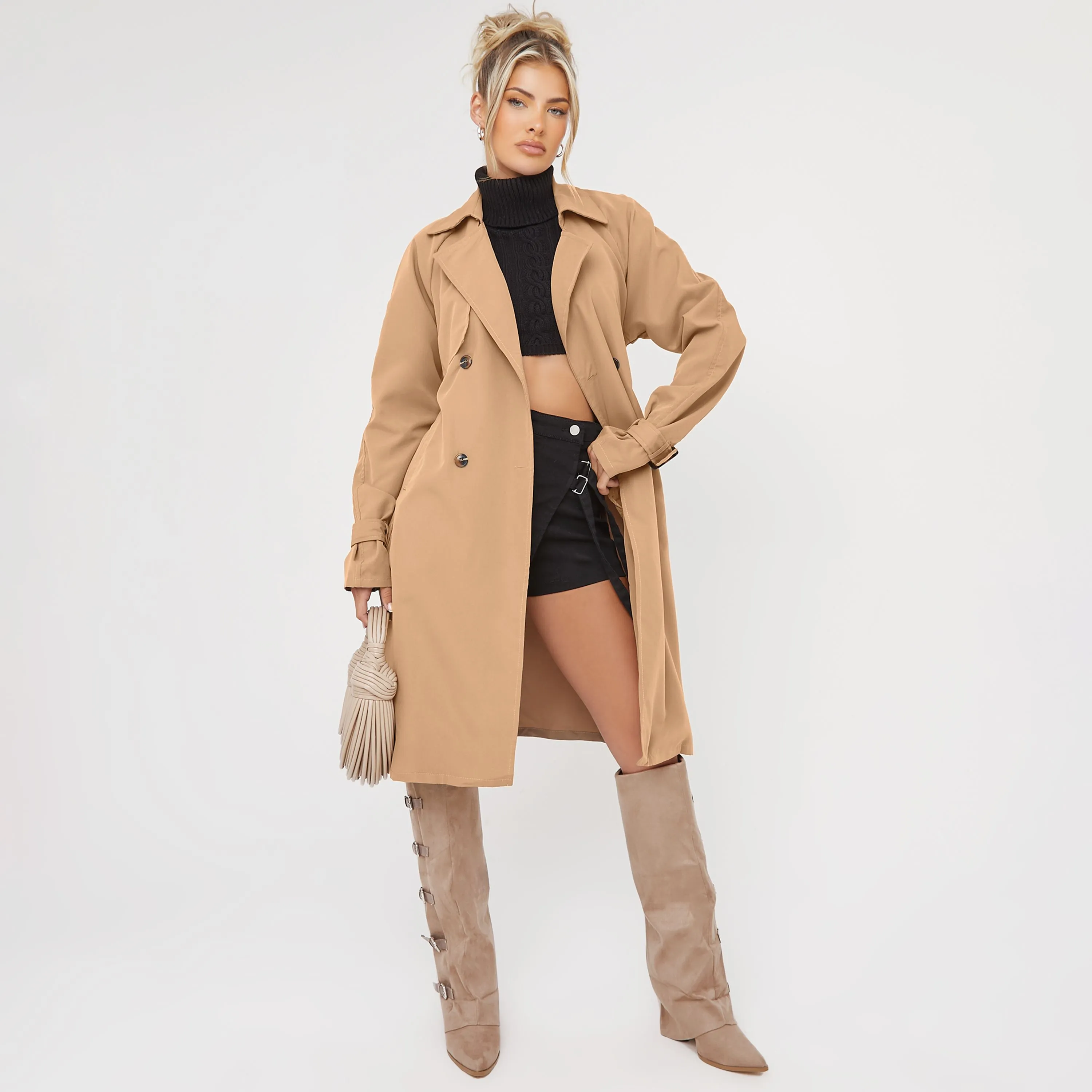 Mid Length Oversized Trench Coat In Stone