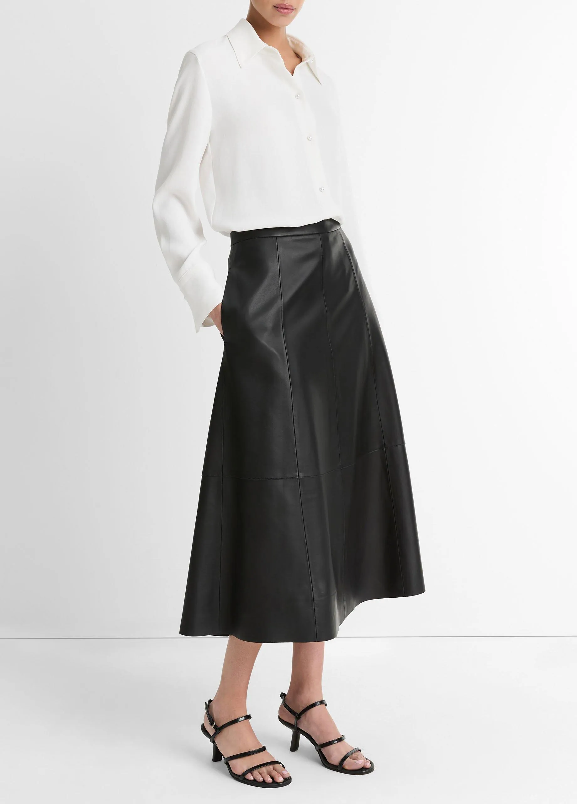 Mid-Rise Flared Leather Skirt