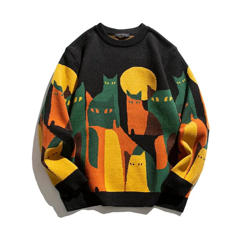 Moonnight Cat Abstract Crew Neck Sweater