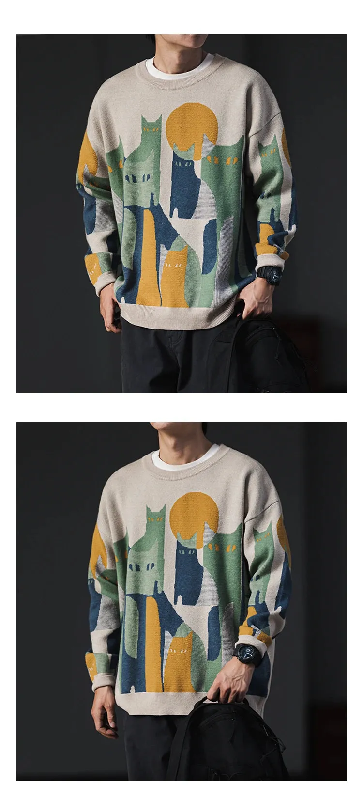 Moonnight Cat Abstract Crew Neck Sweater