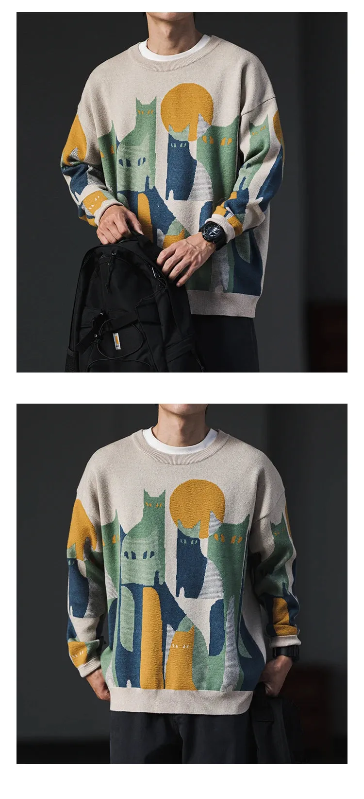 Moonnight Cat Abstract Crew Neck Sweater