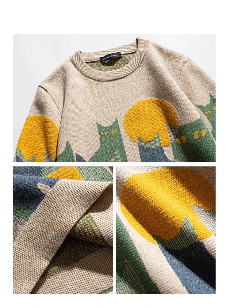 Moonnight Cat Abstract Crew Neck Sweater