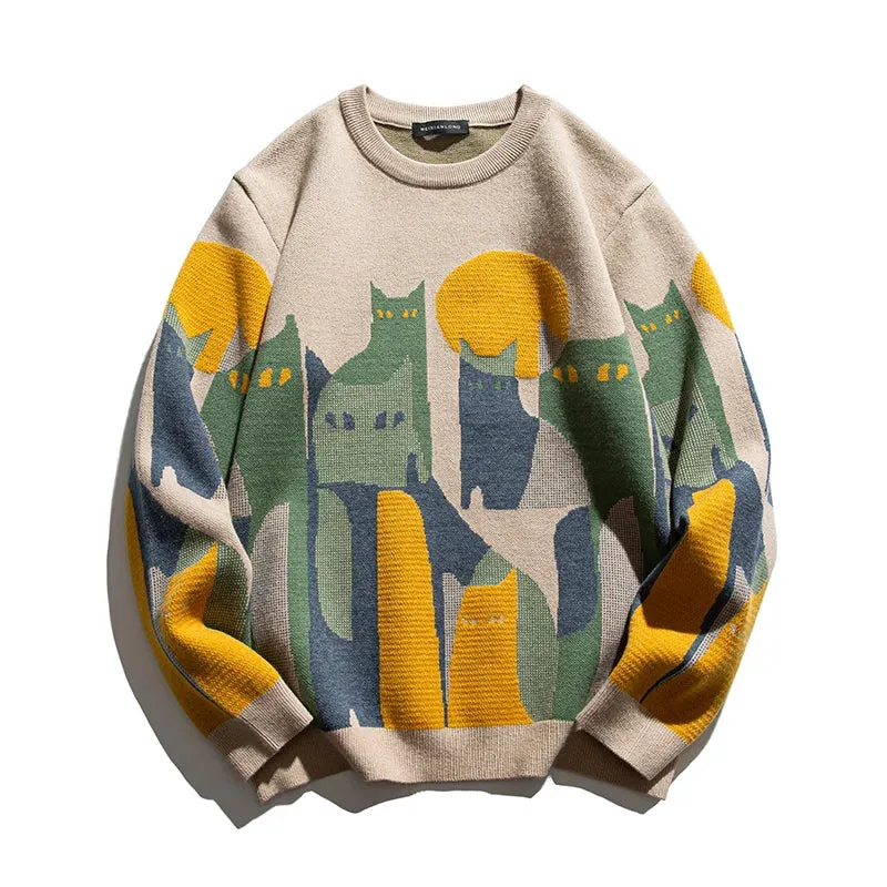 Moonnight Cat Abstract Crew Neck Sweater