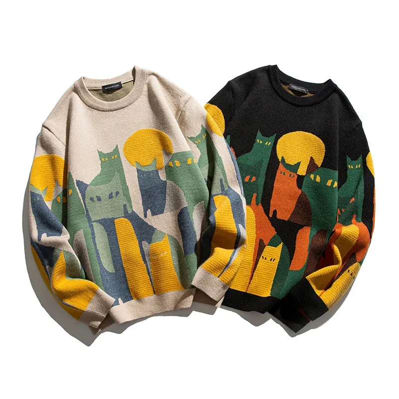 Moonnight Cat Abstract Crew Neck Sweater