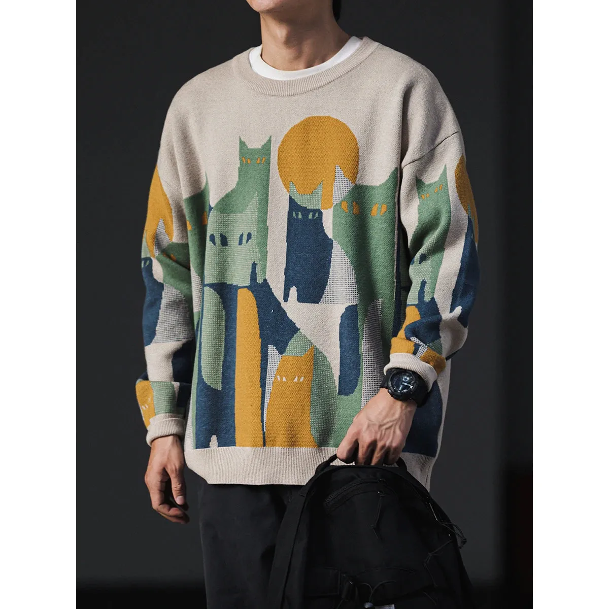 Moonnight Cat Abstract Crew Neck Sweater