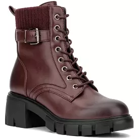 New York & Company Womens Christine Faux Leather Lug Sole Combat & Lace-Up Boots