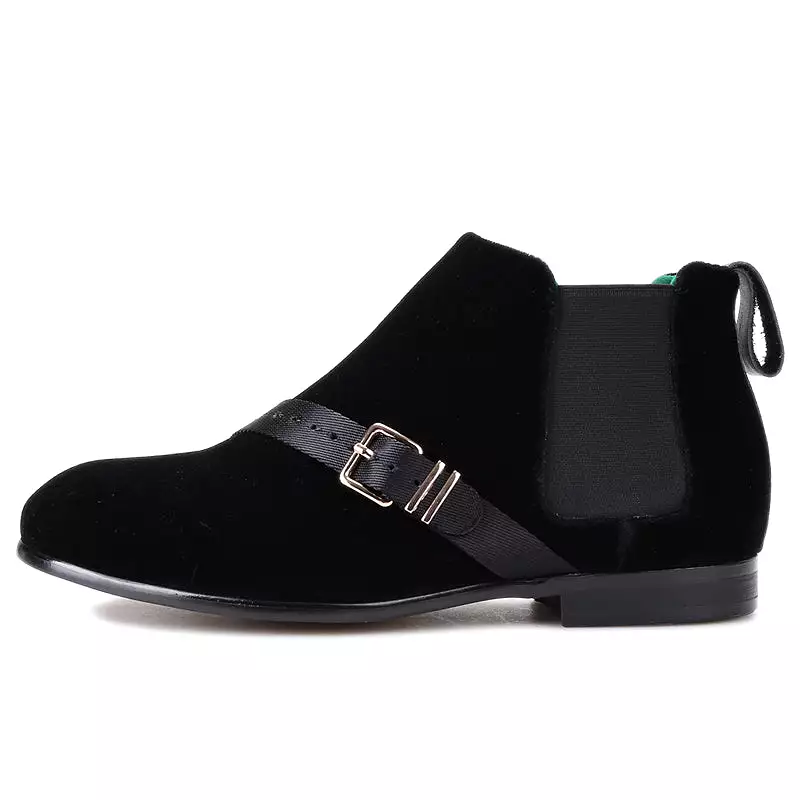 OneDrop Handsome Men Velvet Ankle Boots Metal Buckle Gold Bottom