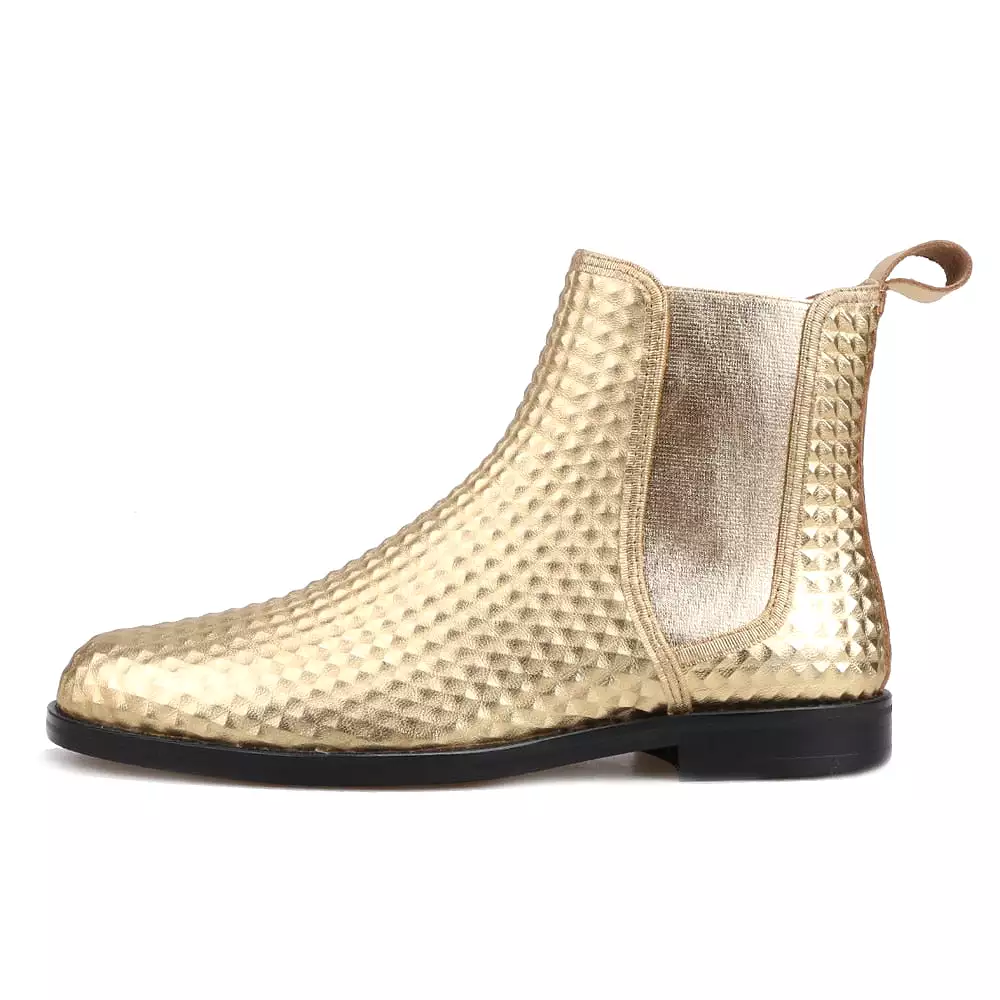 OneDrop Men Handmade Gold Embossed Leather Chelsea Boots Party Ankle Boot