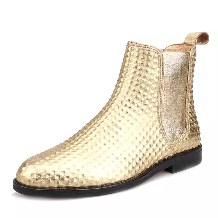 OneDrop Men Handmade Gold Embossed Leather Chelsea Boots Party Ankle Boot