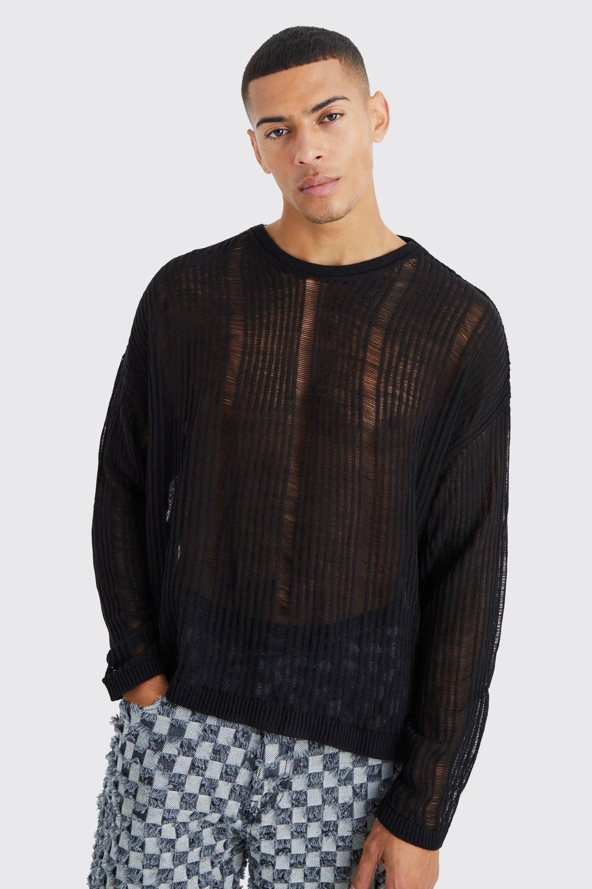 Oversized Boxy Open Knit Laddered Sweater