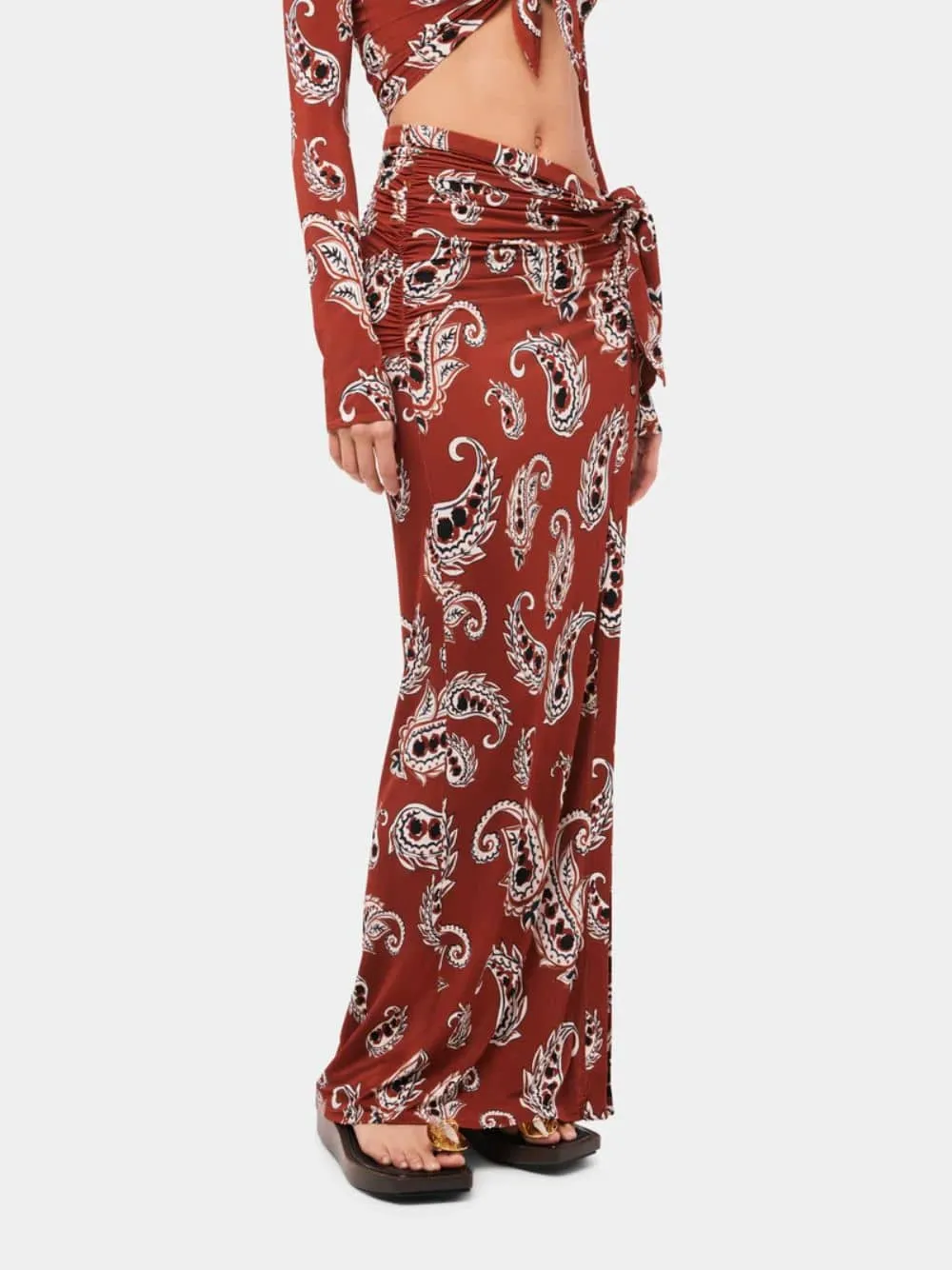 Paisley-Print Long Split Skirt