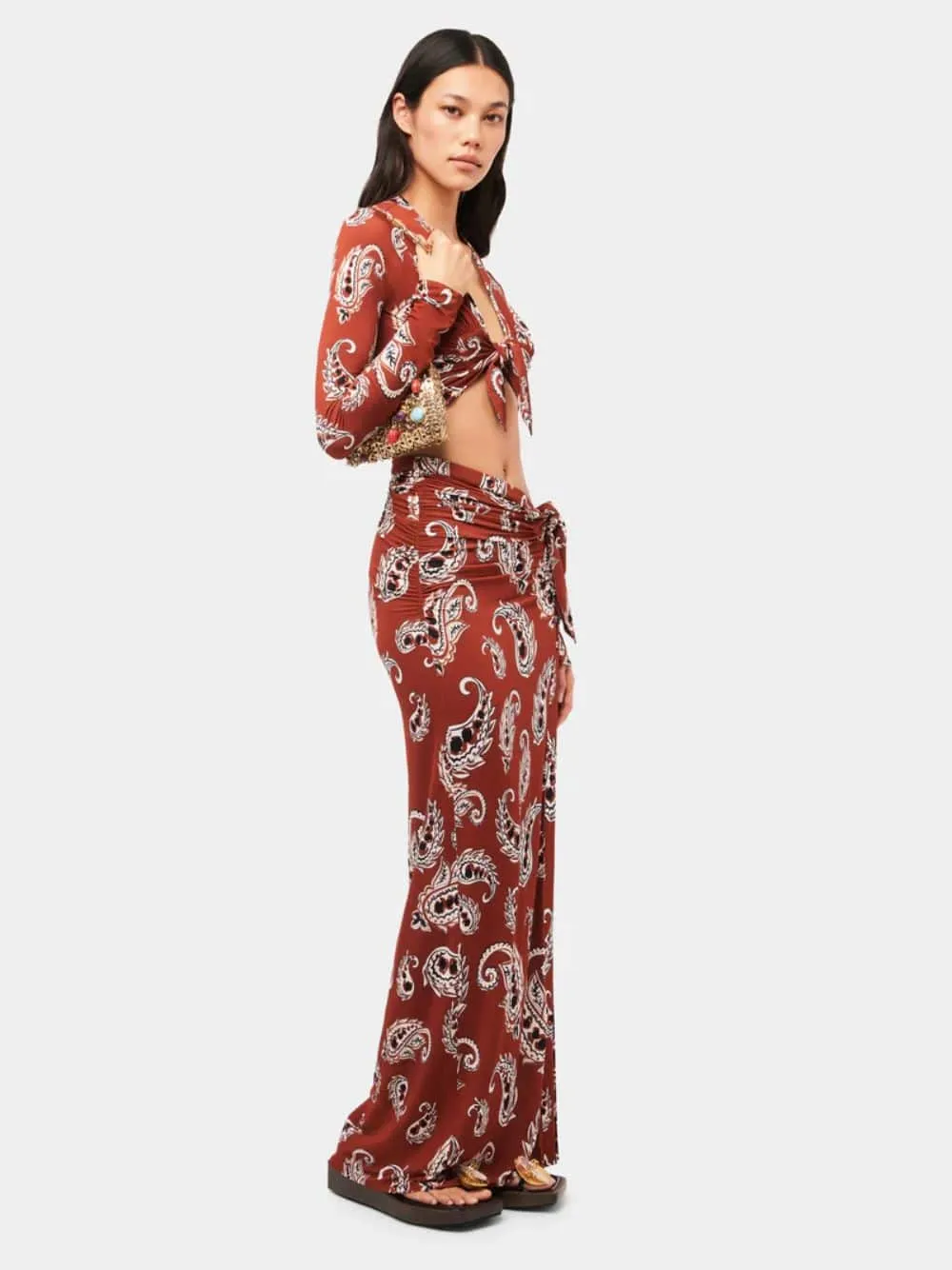 Paisley-Print Long Split Skirt