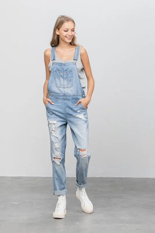 Patch Pocket Ripped Denim Overalls