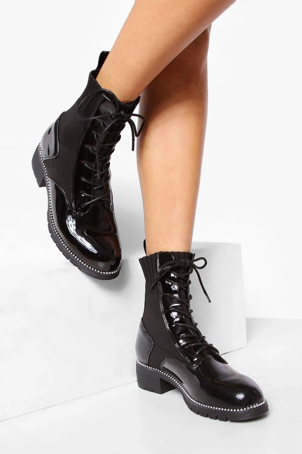 Patent Pu Mix Lace Up Combat Boots