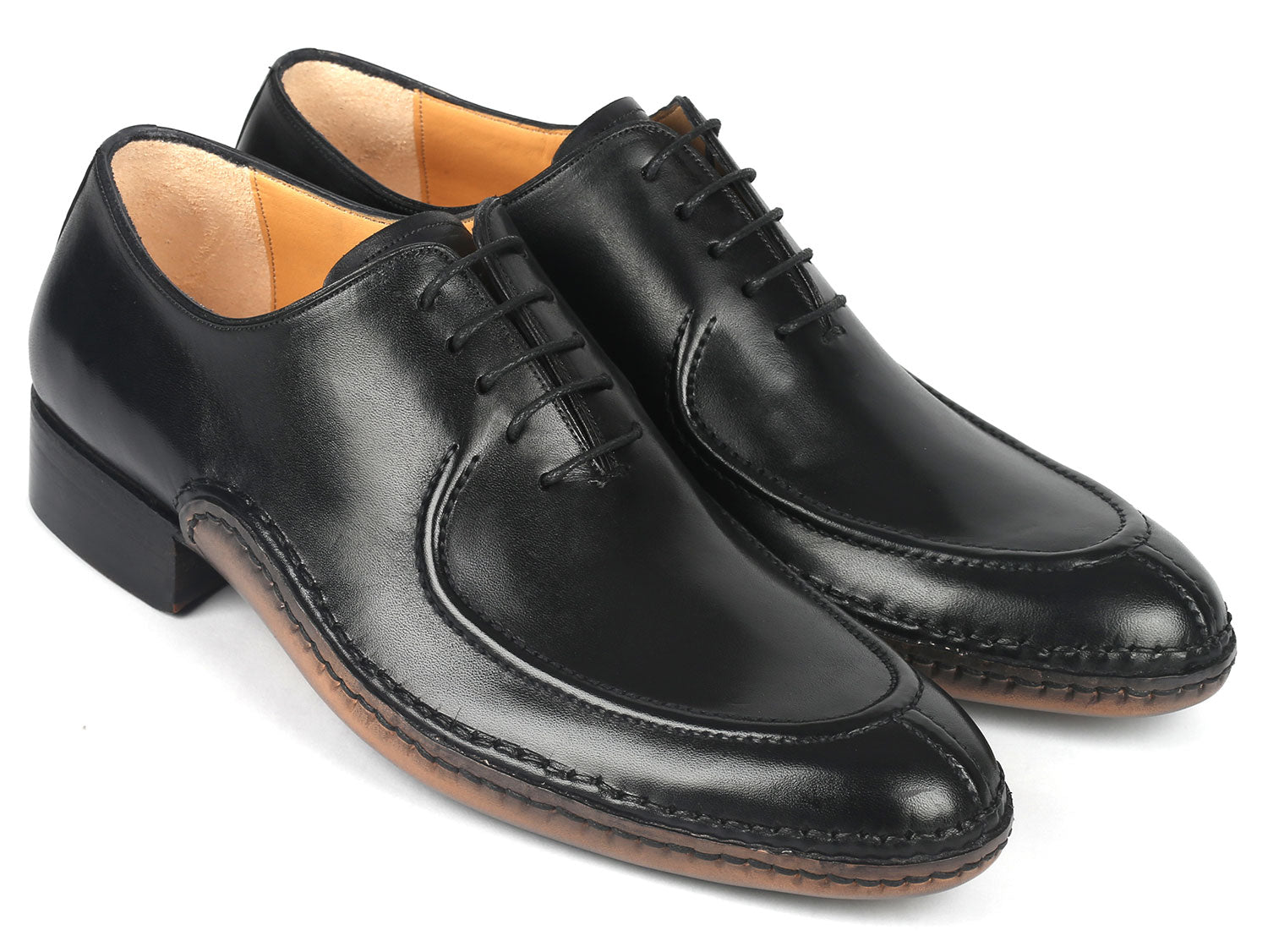 Paul Parkman Opanka Stitched Men's Split-Toe Black Leather Oxford Shoes - 054-BLK