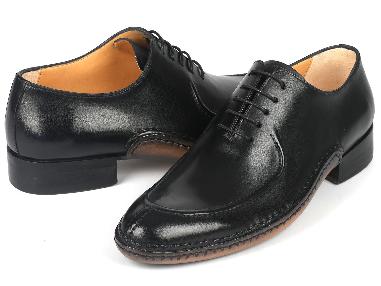 Paul Parkman Opanka Stitched Men's Split-Toe Black Leather Oxford Shoes - 054-BLK