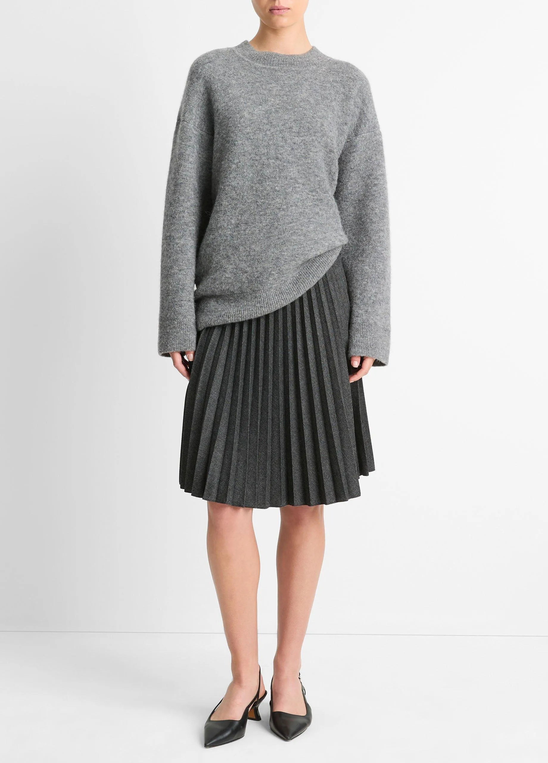 Pleated Italian Herringbone Wool-Blend Skirt