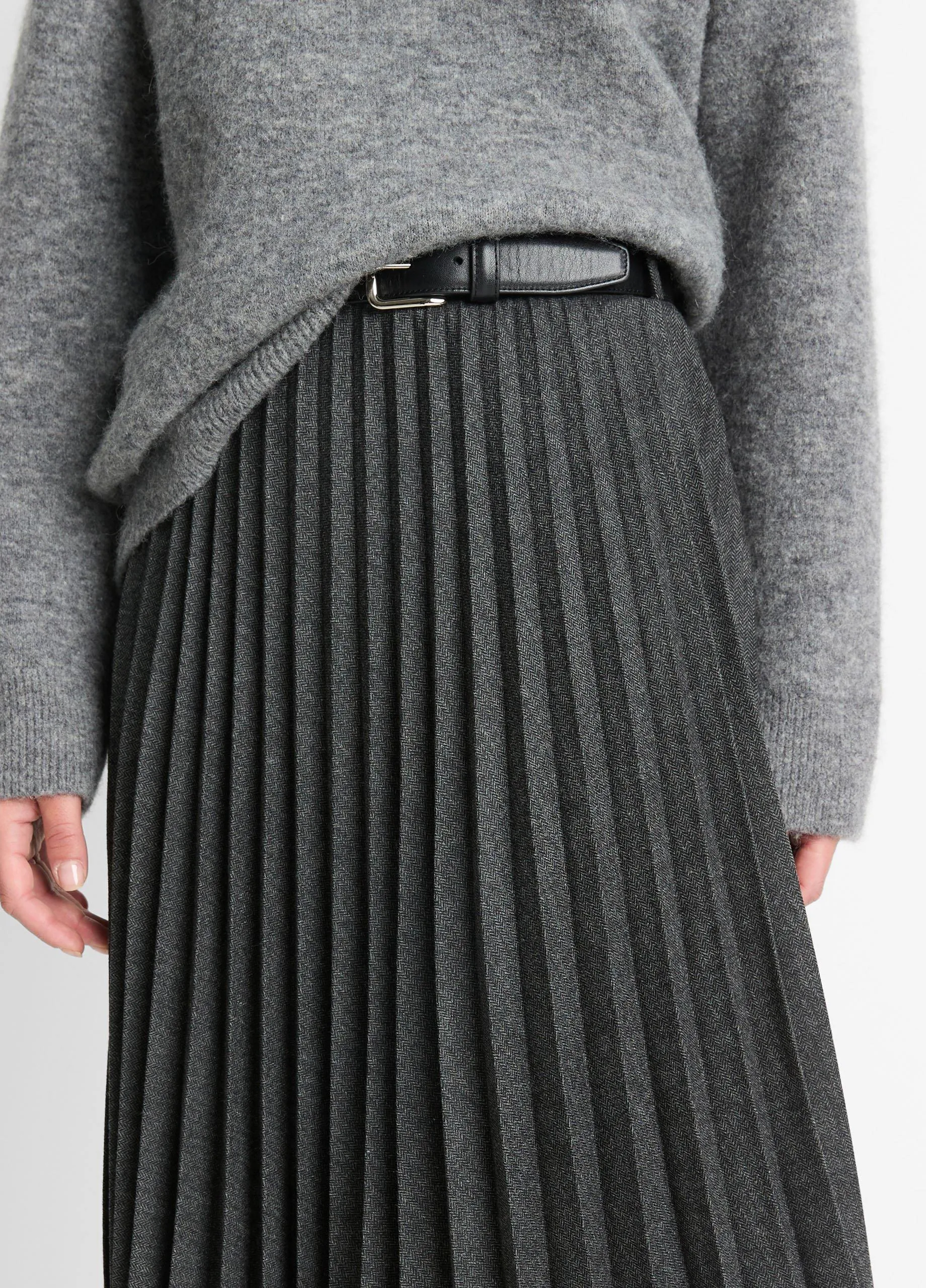 Pleated Italian Herringbone Wool-Blend Skirt