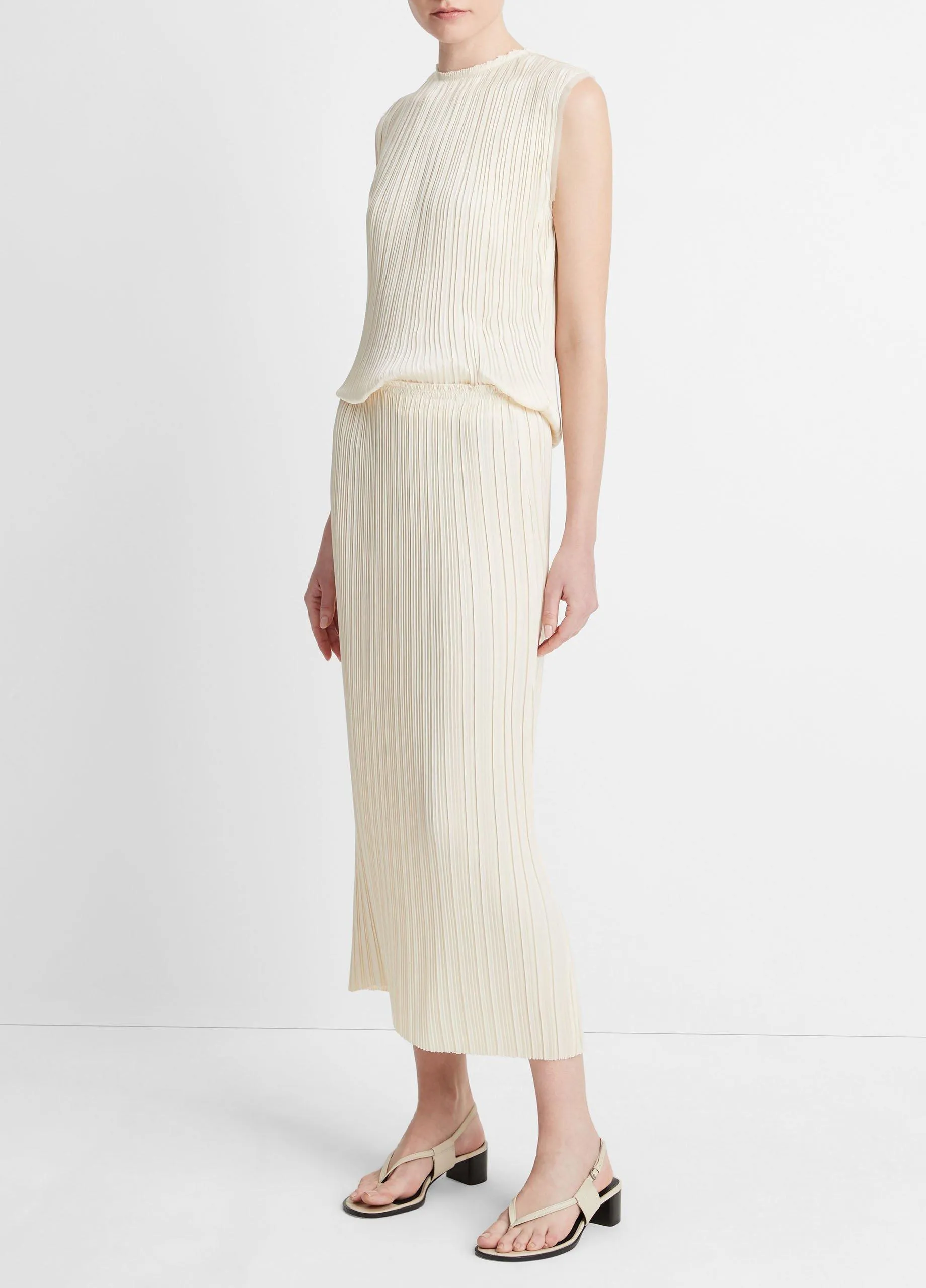 Pleated Satin Straight Pull-On Skirt