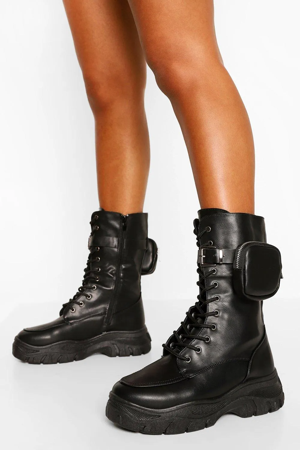 Pouch Detail Calf High Chunky Combat Boots