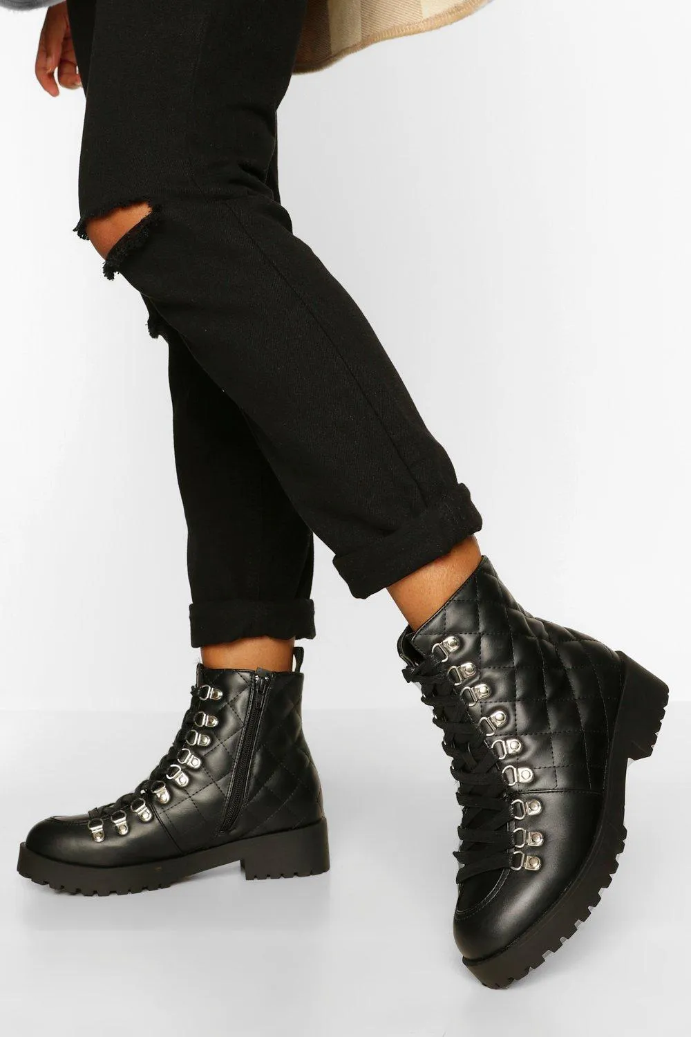 Quilted Panel Chunky Combat Boots