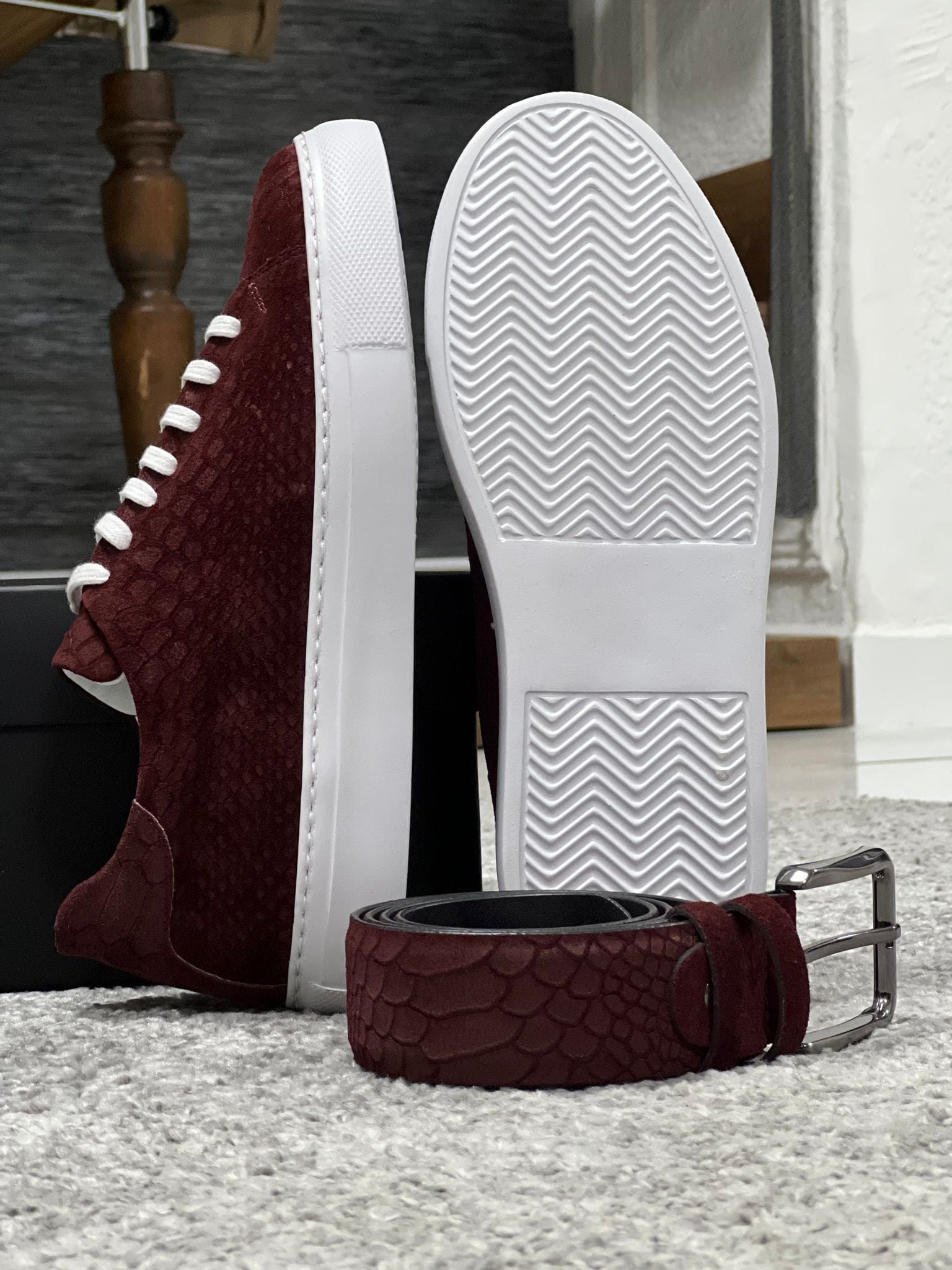 Rubner sole Lace-up suede print leather Burgundy