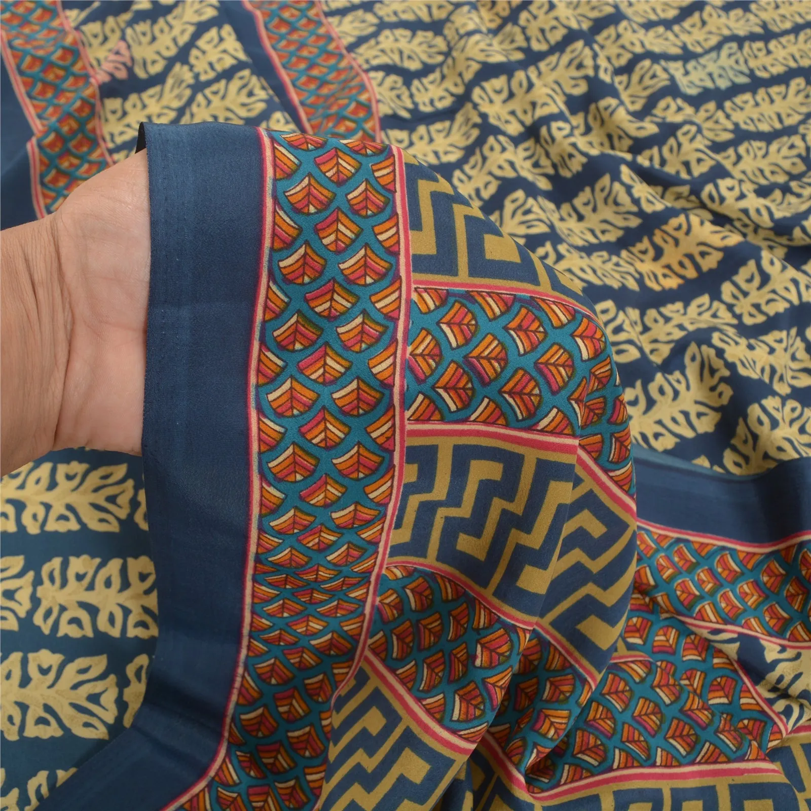 Sanskriti Vintage Blue Indian Sarees Moss Crepe Printed Sari Floral Craft Fabric