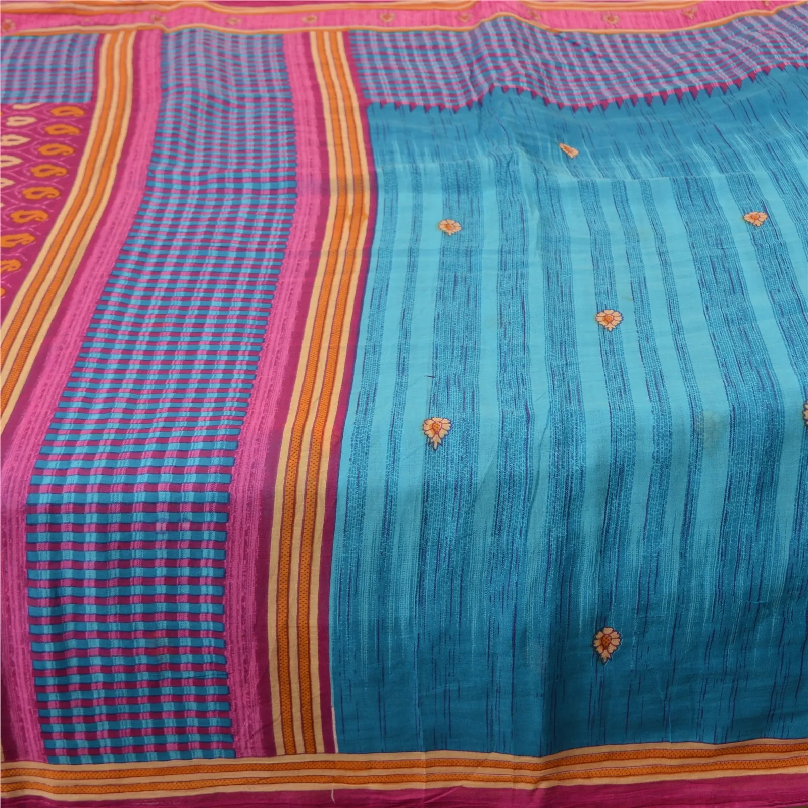 Sanskriti Vintage Blue/Pink Sarees 100% Pure Cotton Printed Sari Craft Fabric