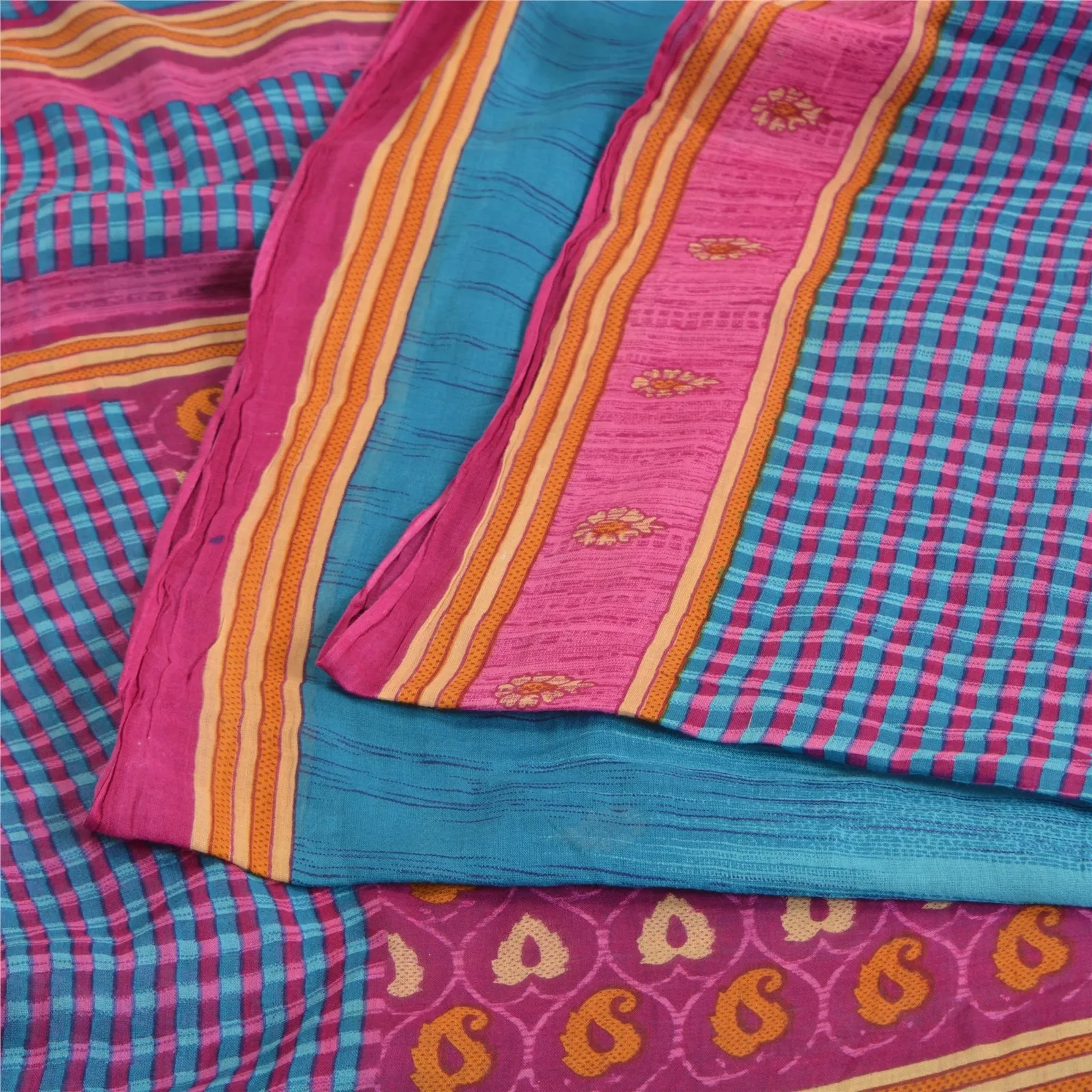 Sanskriti Vintage Blue/Pink Sarees 100% Pure Cotton Printed Sari Craft Fabric