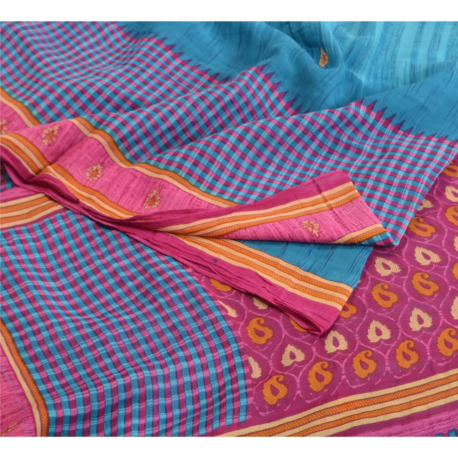 Sanskriti Vintage Blue/Pink Sarees 100% Pure Cotton Printed Sari Craft Fabric